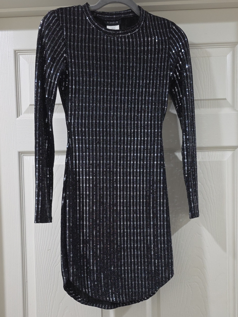 B Darlin Black Sequin Long Sleeve Bodycon Dress with Silver Sparkle